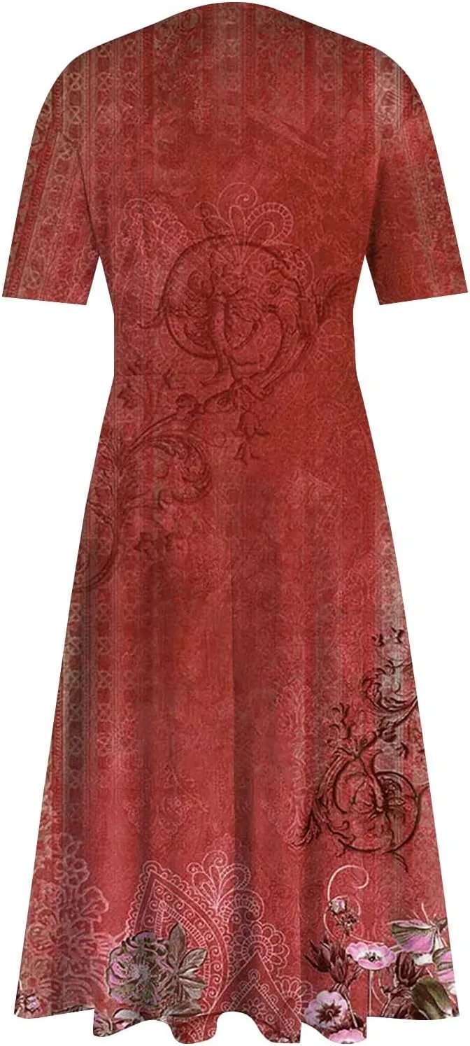 Summer Dresses for Women 2025 Midi Short Sleeve Elegant Flowy A Line Dress