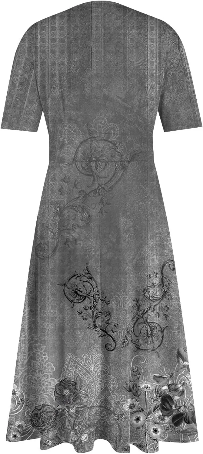 Summer Dresses for Women 2025 Midi Short Sleeve Elegant Flowy A Line Dress