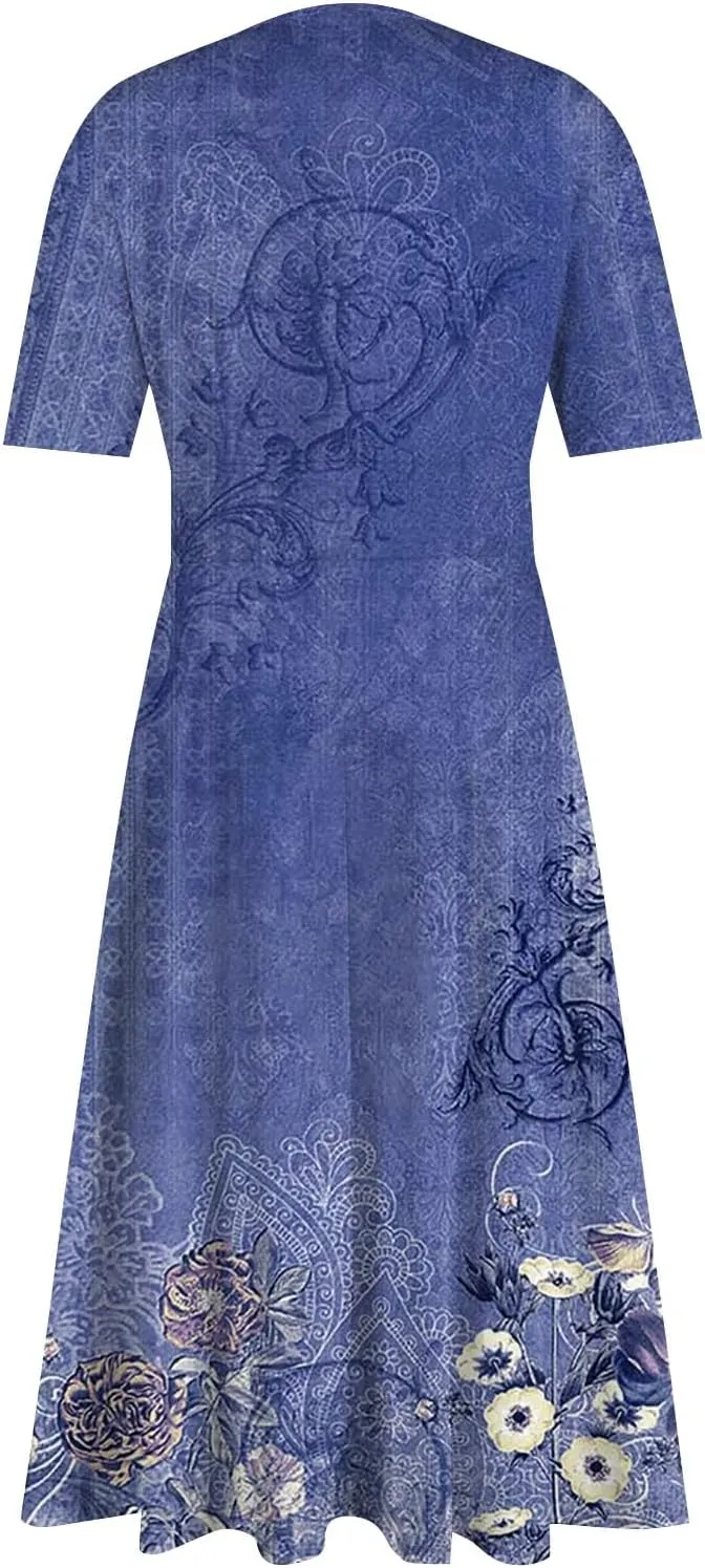 Summer Dresses for Women 2025 Midi Short Sleeve Elegant Flowy A Line Dress