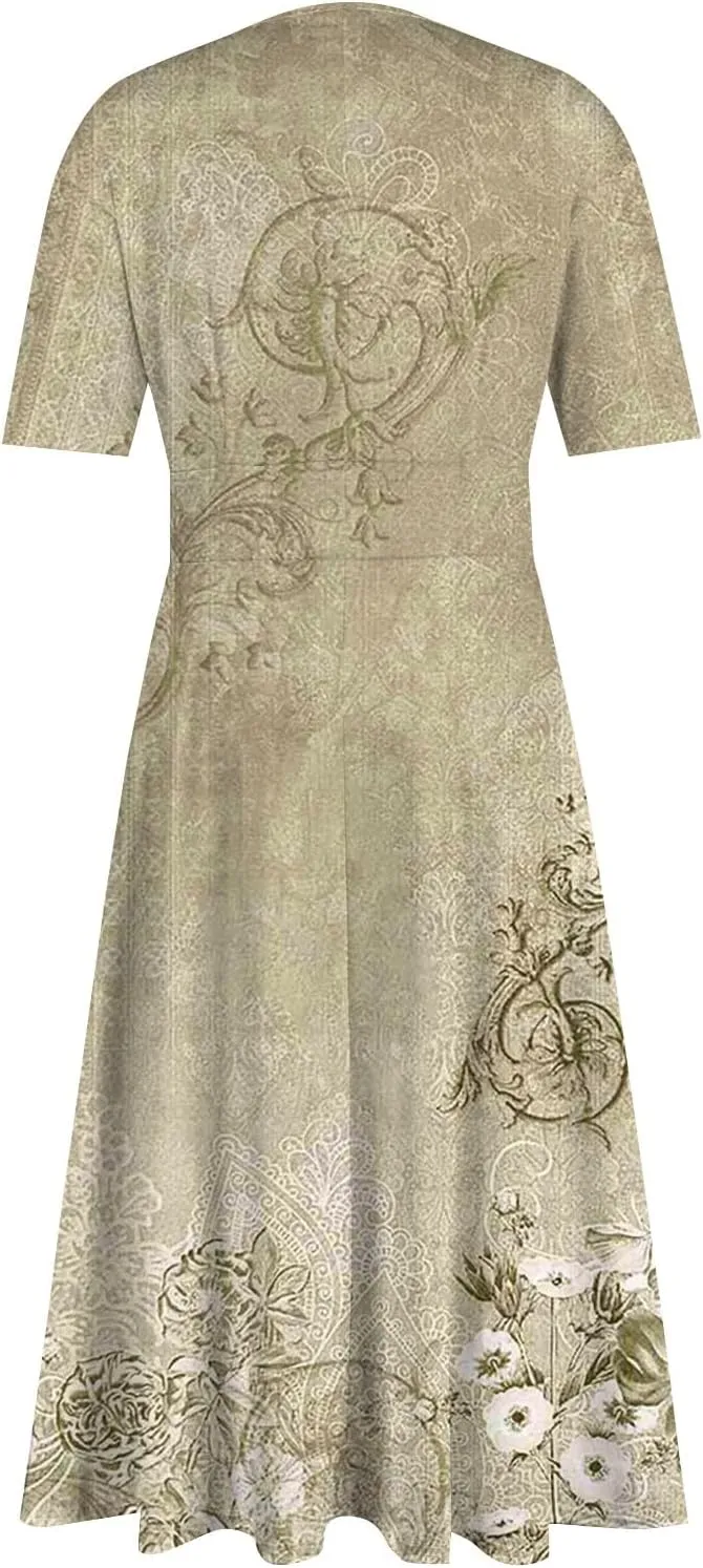 Summer Dresses for Women 2025 Midi Short Sleeve Elegant Flowy A Line Dress