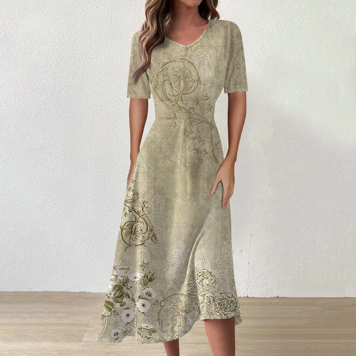 Summer Dresses for Women 2025 Midi Short Sleeve Elegant Flowy A Line Dress