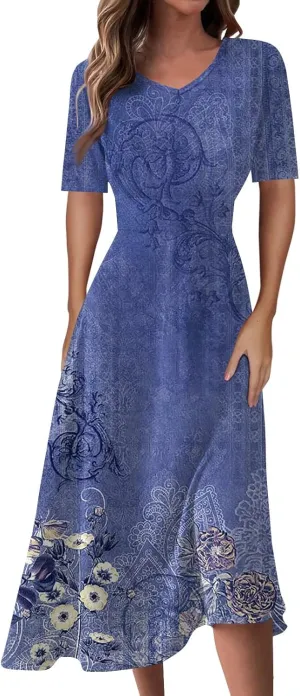 Summer Dresses for Women 2025 Midi Short Sleeve Elegant Flowy A Line Dress