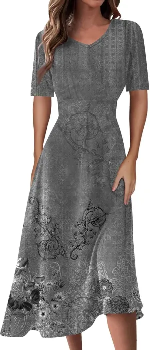 Summer Dresses for Women 2025 Midi Short Sleeve Elegant Flowy A Line Dress