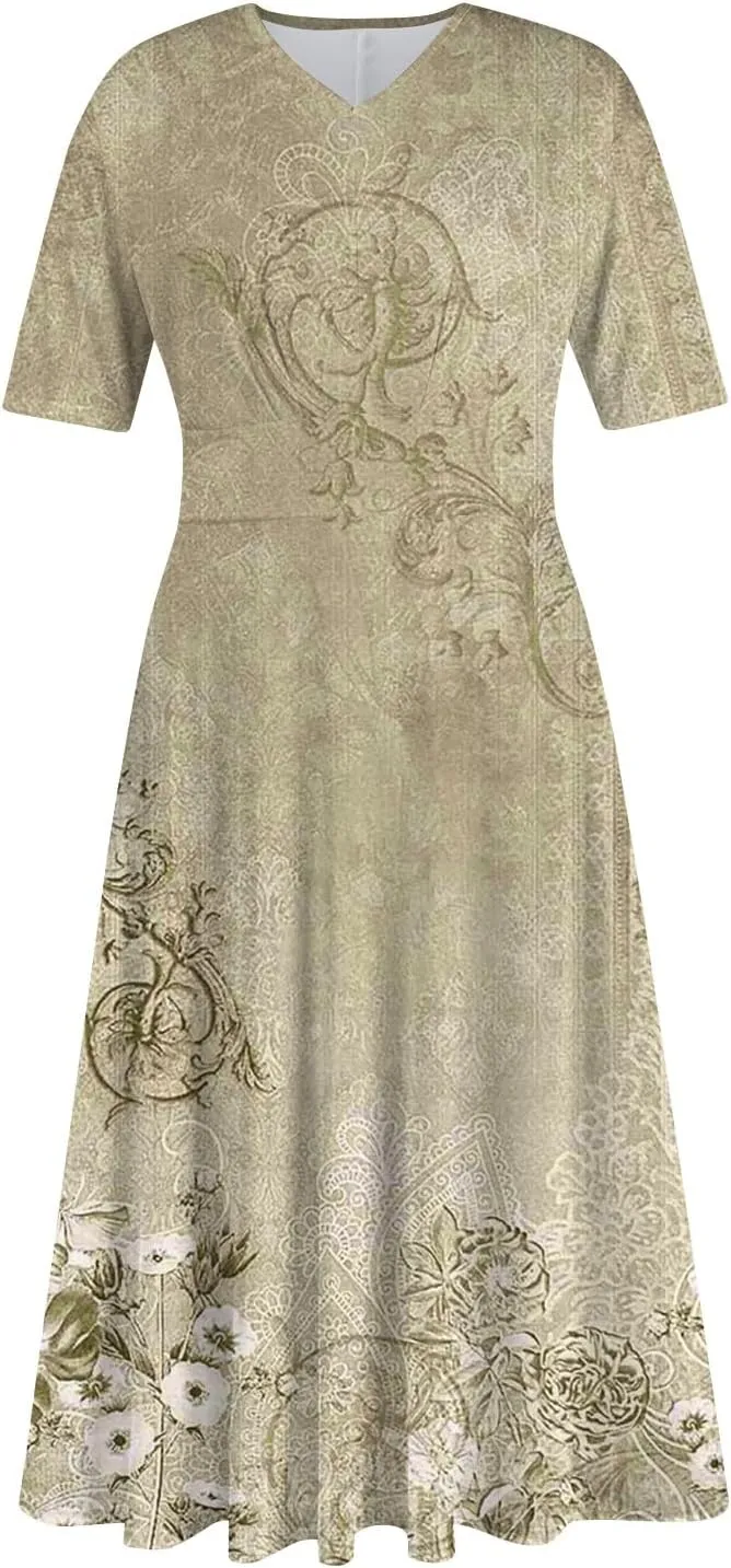 Summer Dresses for Women 2025 Midi Short Sleeve Elegant Flowy A Line Dress