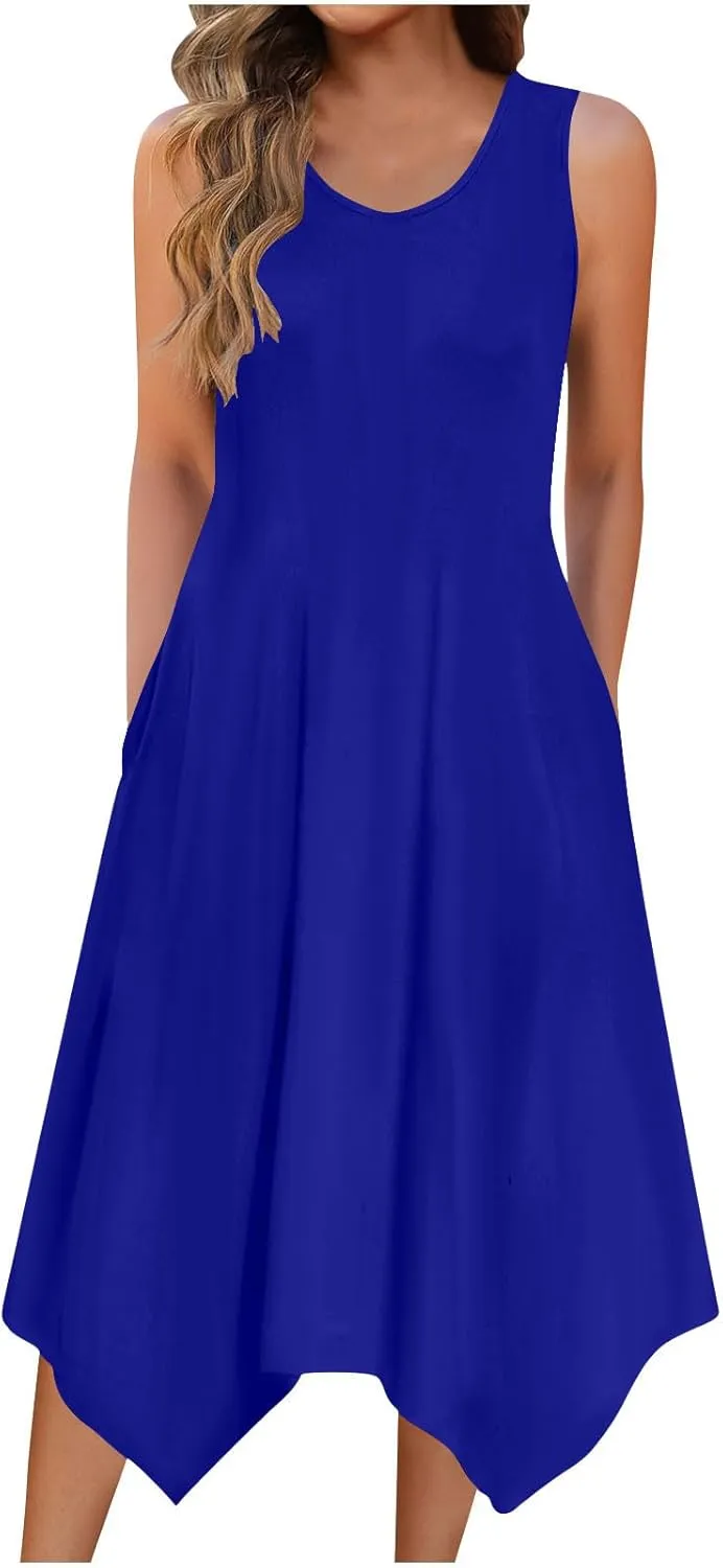 Summer Dresses for Women 2025 Sleeveless Floral Midi Dress Casual Tank Dress Loose Flowy Beach Dress with Pockets