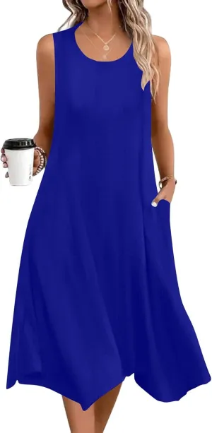 Summer Dresses for Women 2025 Sleeveless Floral Midi Dress Casual Tank Dress Loose Flowy Beach Dress with Pockets