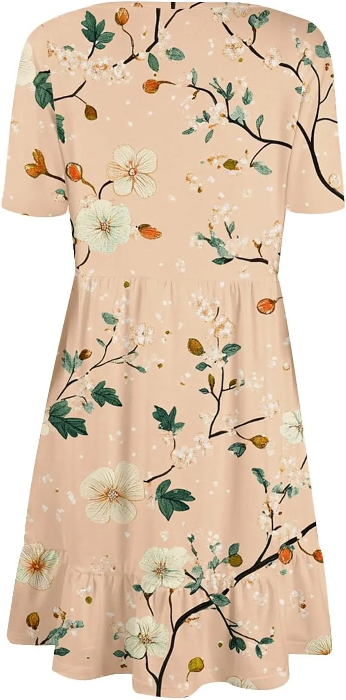 Summer Dresses for Women 2025 U Neck Short Sleeve Knee Length Floral Dress Boho Tiered Ruffle Hem Vacation Dresses