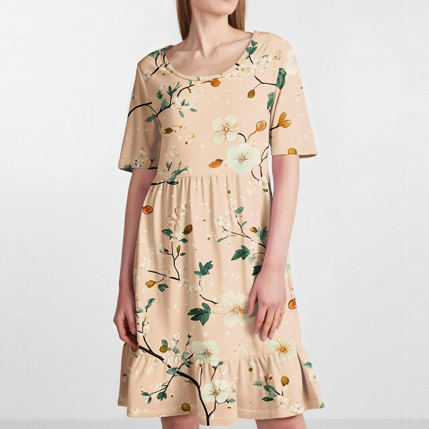 Summer Dresses for Women 2025 U Neck Short Sleeve Knee Length Floral Dress Boho Tiered Ruffle Hem Vacation Dresses