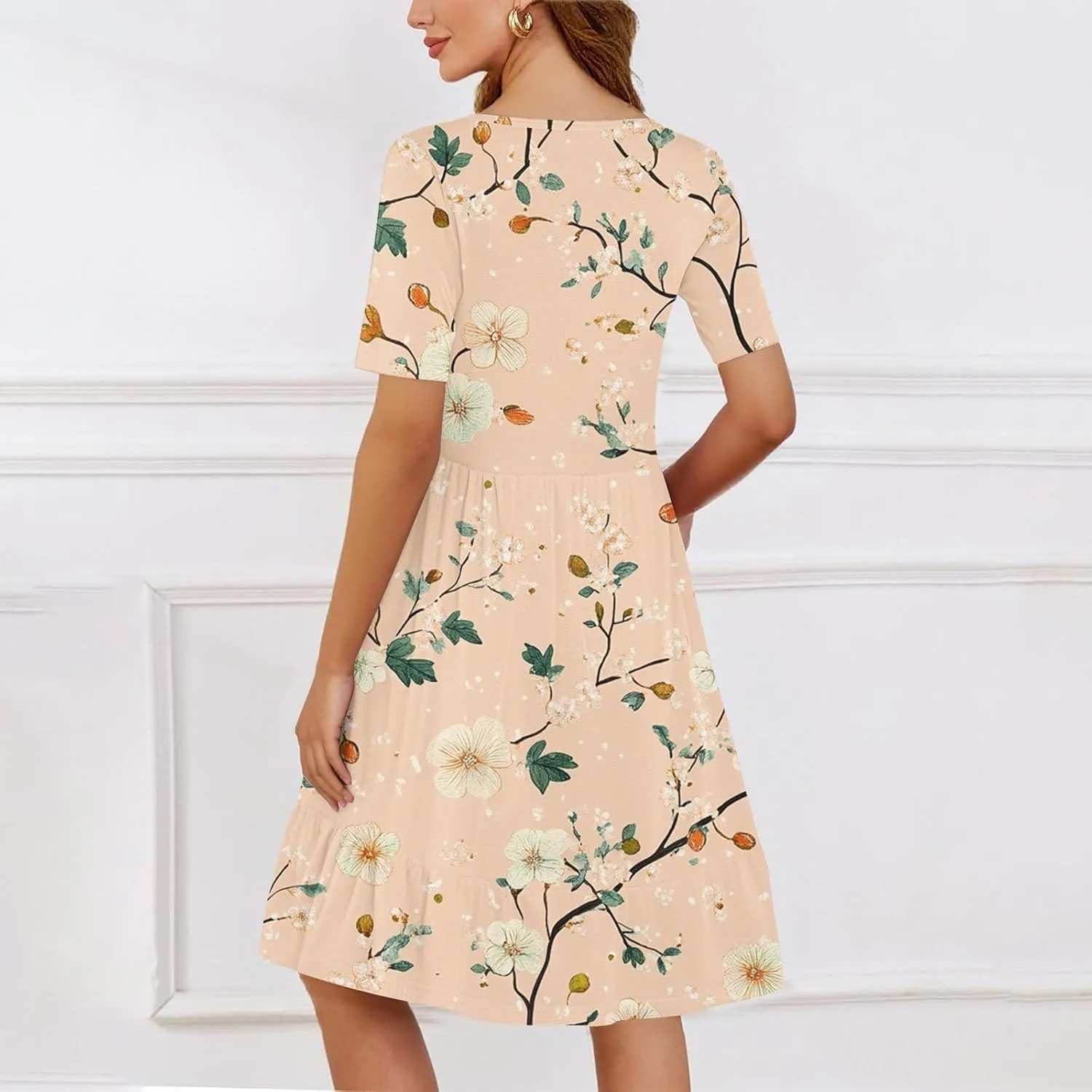 Summer Dresses for Women 2025 U Neck Short Sleeve Knee Length Floral Dress Boho Tiered Ruffle Hem Vacation Dresses