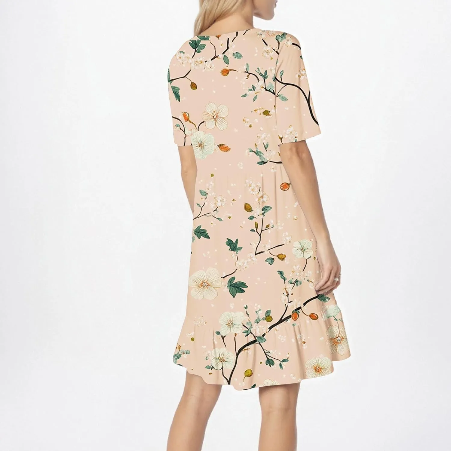 Summer Dresses for Women 2025 U Neck Short Sleeve Knee Length Floral Dress Boho Tiered Ruffle Hem Vacation Dresses