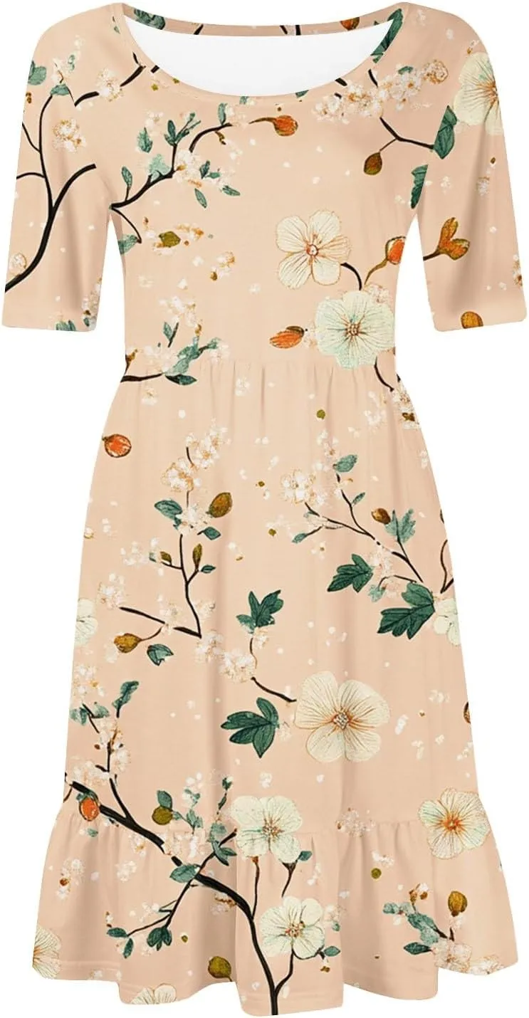 Summer Dresses for Women 2025 U Neck Short Sleeve Knee Length Floral Dress Boho Tiered Ruffle Hem Vacation Dresses