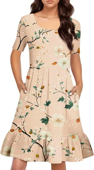 Summer Dresses for Women 2025 U Neck Short Sleeve Knee Length Floral Dress Boho Tiered Ruffle Hem Vacation Dresses
