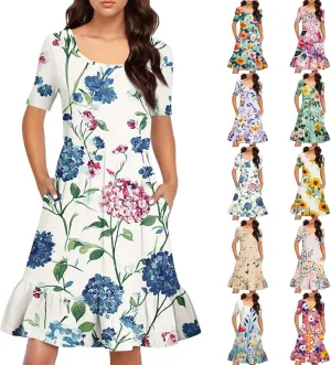 Summer Dresses for Women 2025 U Neck Short Sleeve Knee Length Floral Dress Boho Tiered Ruffle Hem Vacation Dresses