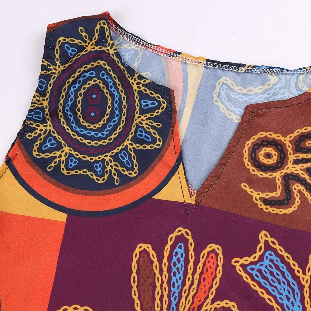 Summer Dresses for Women 2025,Women's African Print Maxi Dresses Casual Plus Size Sleeveless V Neck Beach Sundress