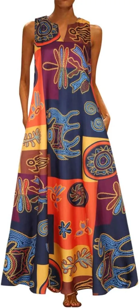 Summer Dresses for Women 2025,Women's African Print Maxi Dresses Casual Plus Size Sleeveless V Neck Beach Sundress