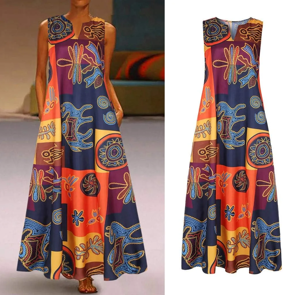 Summer Dresses for Women 2025,Women's African Print Maxi Dresses Casual Plus Size Sleeveless V Neck Beach Sundress