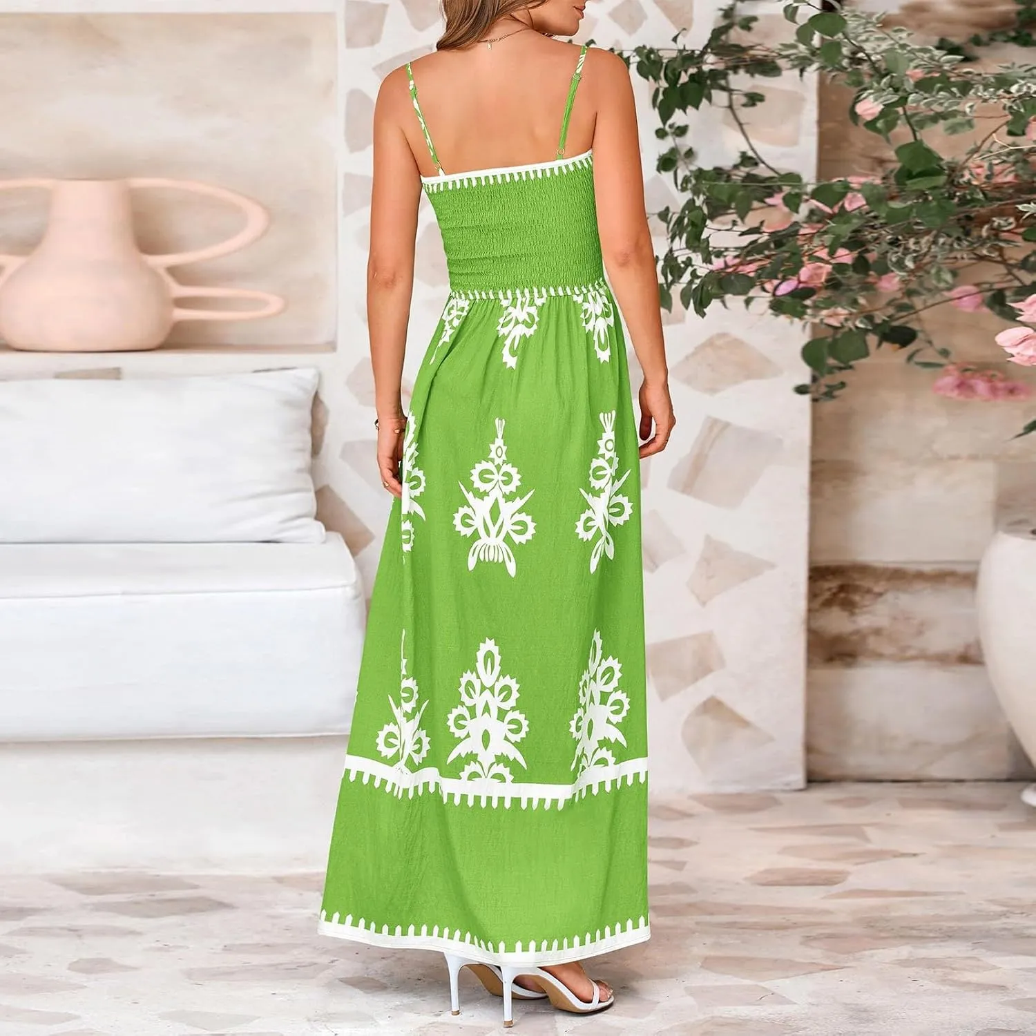 Summer Dresses for Women Elegant Spaghetti Strap Smocked Neck Sundresses with Pockets Vintage Printed Beach Dresses