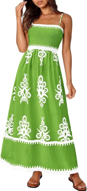 Summer Dresses for Women Elegant Spaghetti Strap Smocked Neck Sundresses with Pockets Vintage Printed Beach Dresses