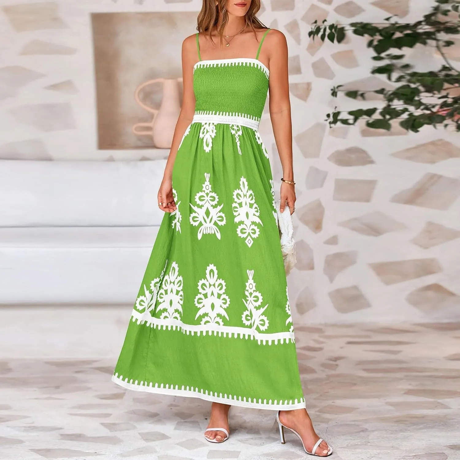Summer Dresses for Women Elegant Spaghetti Strap Smocked Neck Sundresses with Pockets Vintage Printed Beach Dresses