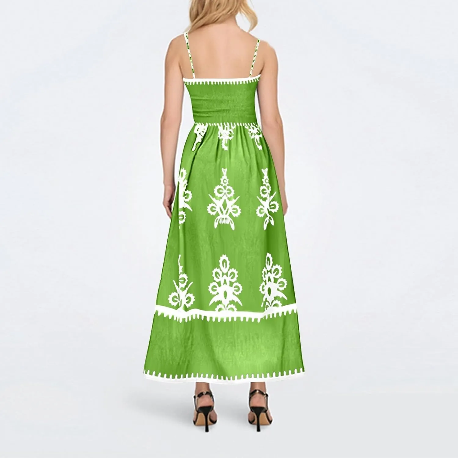 Summer Dresses for Women Elegant Spaghetti Strap Smocked Neck Sundresses with Pockets Vintage Printed Beach Dresses