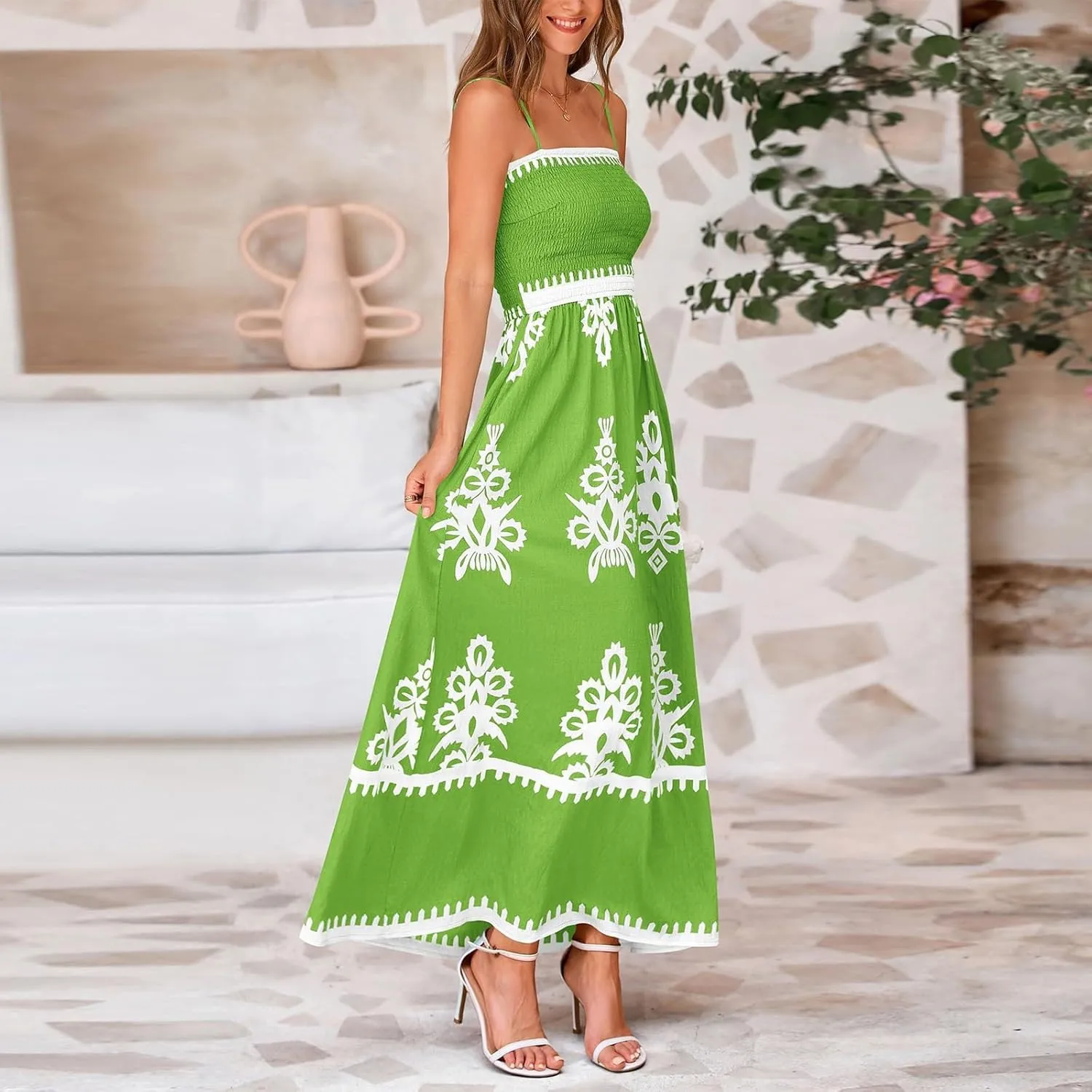 Summer Dresses for Women Elegant Spaghetti Strap Smocked Neck Sundresses with Pockets Vintage Printed Beach Dresses
