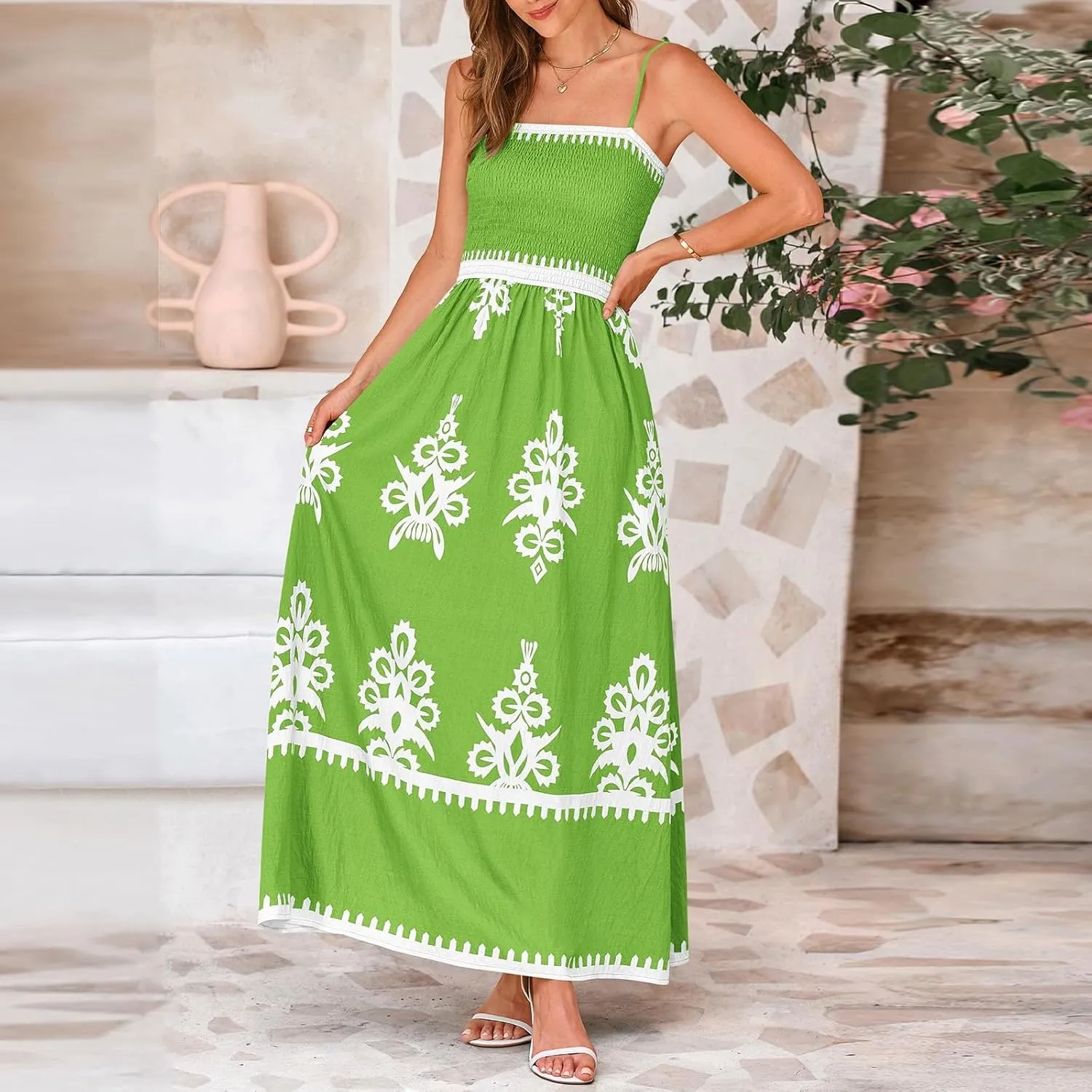 Summer Dresses for Women Elegant Spaghetti Strap Smocked Neck Sundresses with Pockets Vintage Printed Beach Dresses