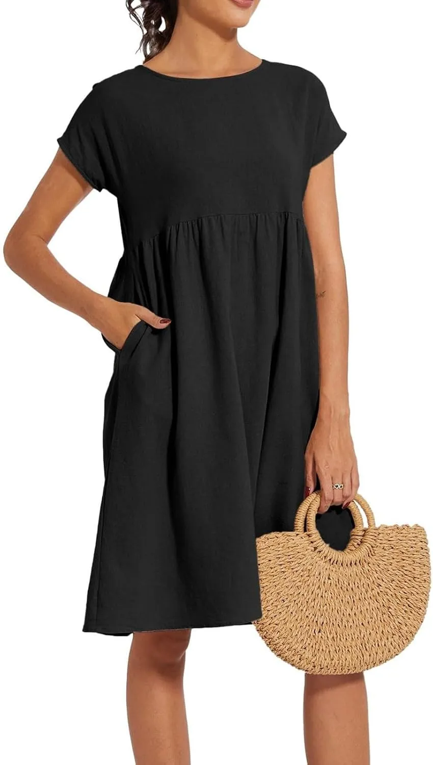Summer Dresses for Women Linen Cotton Short Sleeve Boho Midi Dress Crew Neck Baggy Tunic Dresses with Pockets Beach Fashion
