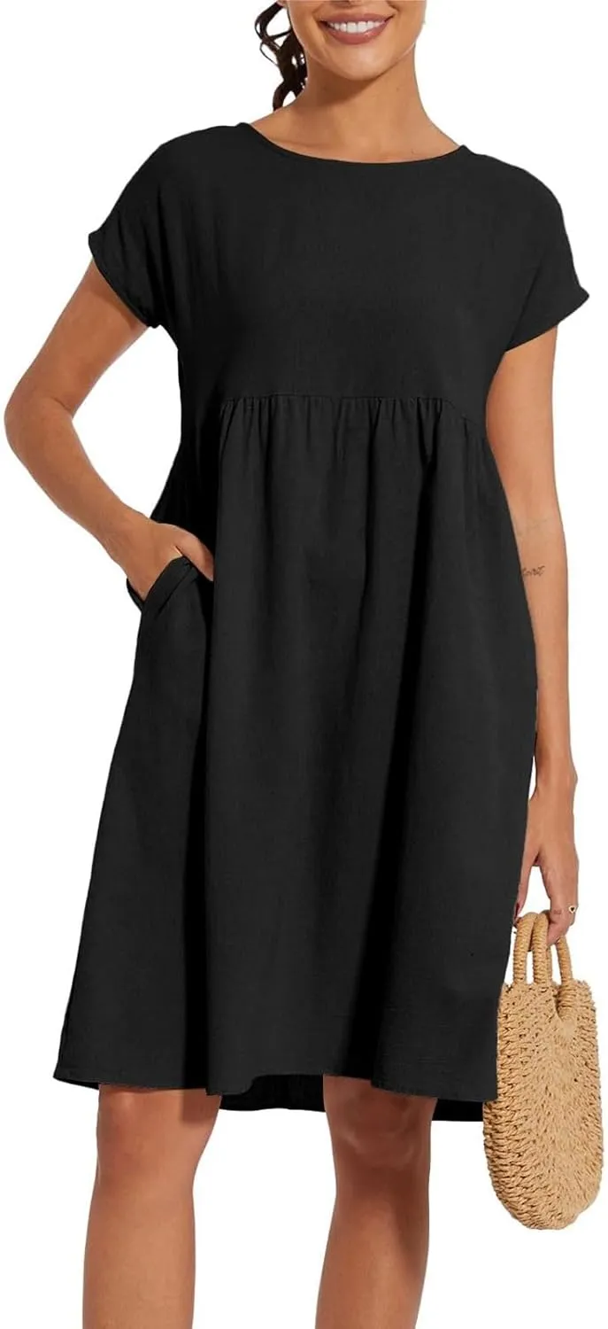 Summer Dresses for Women Linen Cotton Short Sleeve Boho Midi Dress Crew Neck Baggy Tunic Dresses with Pockets Beach Fashion