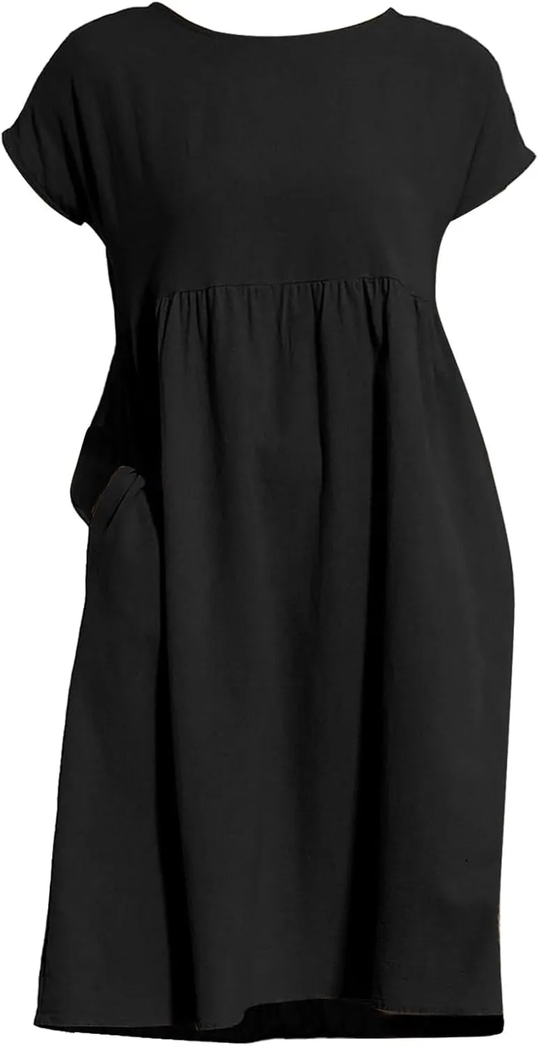 Summer Dresses for Women Linen Cotton Short Sleeve Boho Midi Dress Crew Neck Baggy Tunic Dresses with Pockets Beach Fashion
