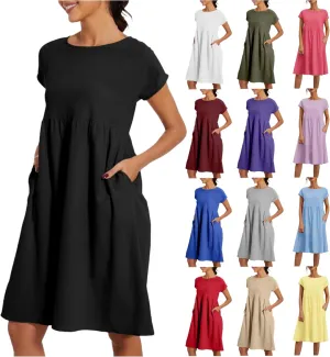 Summer Dresses for Women Linen Cotton Short Sleeve Boho Midi Dress Crew Neck Baggy Tunic Dresses with Pockets Beach Fashion