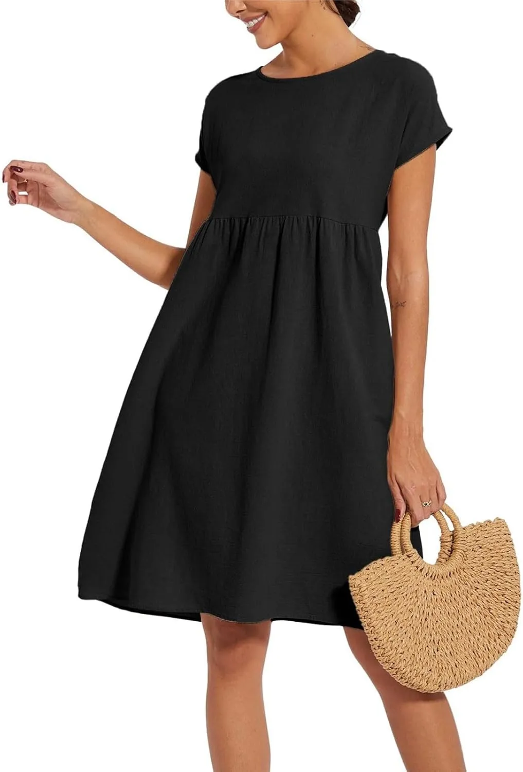 Summer Dresses for Women Linen Cotton Short Sleeve Boho Midi Dress Crew Neck Baggy Tunic Dresses with Pockets Beach Fashion