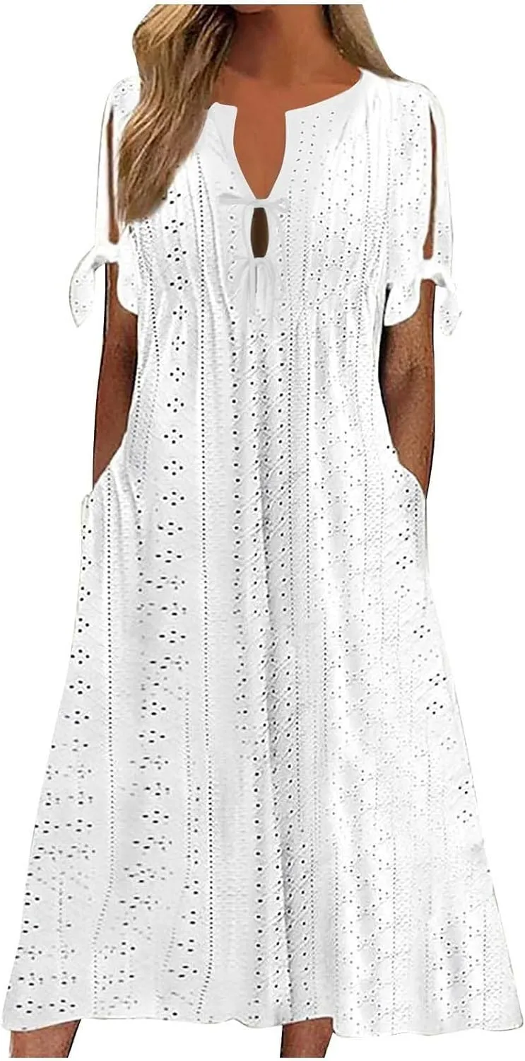Summer Dresses for Women Short Sleeve Boho Travel Dresses Beach Wear Party Maxi Solid Color Vacation Dress 2025
