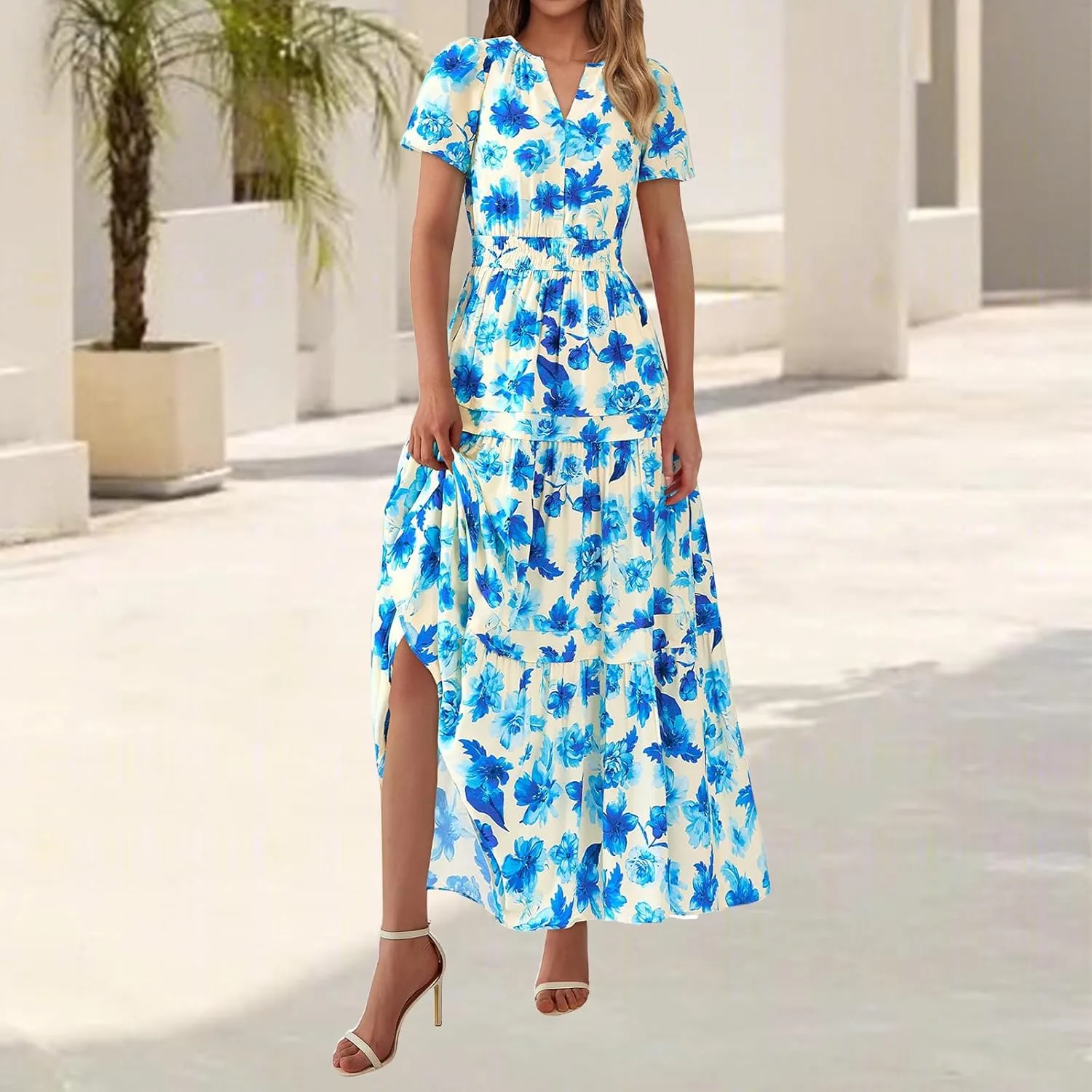 Summer Maxi Dress for Women Casual V Neck Short Sleeve Dresses Boho Floral A Line Tiered Flowy Beach Sundress