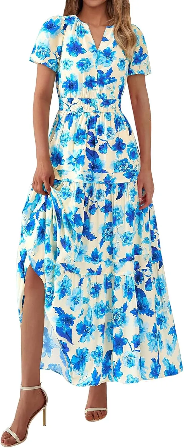 Summer Maxi Dress for Women Casual V Neck Short Sleeve Dresses Boho Floral A Line Tiered Flowy Beach Sundress