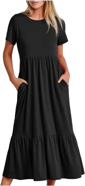 Summer Maxi Dresses for Women 2025 Crew Neck Short Sleeve Dress Casual Sun Dress Summer Beach Vacation Sundress