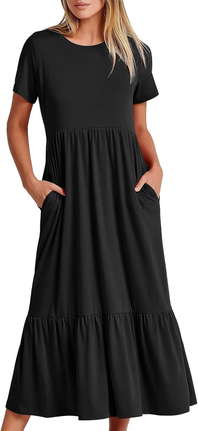Summer Maxi Dresses for Women 2025 Crew Neck Short Sleeve Dress Casual Sun Dress Summer Beach Vacation Sundress
