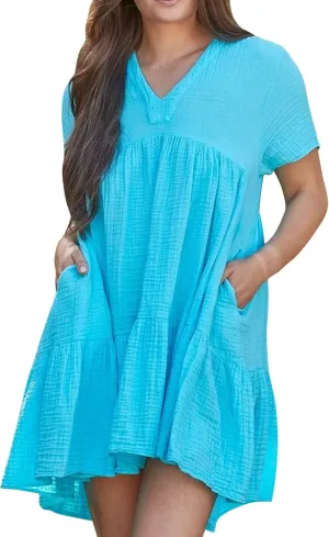 Summer Mini Dress for Women Wedding Guest Dresses Short Sleeve V Neck Beach Vacation Patchwork Sundress with Pockets
