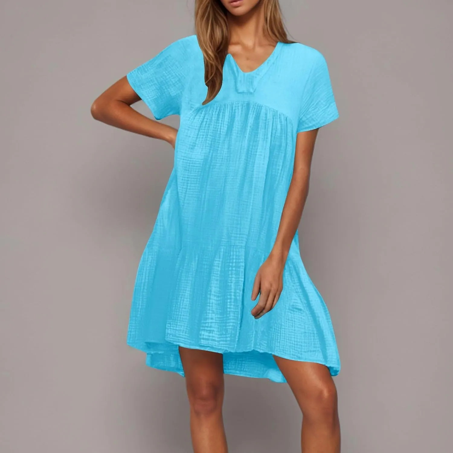 Summer Mini Dress for Women Wedding Guest Dresses Short Sleeve V Neck Beach Vacation Patchwork Sundress with Pockets