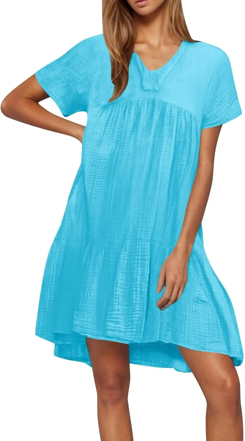 Summer Mini Dress for Women Wedding Guest Dresses Short Sleeve V Neck Beach Vacation Patchwork Sundress with Pockets