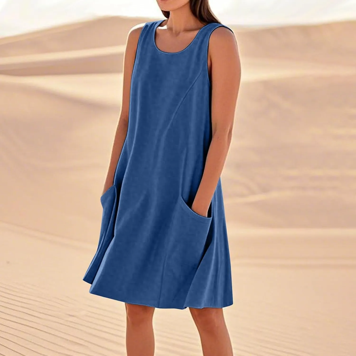Summer Tank Dresses for Women 2025 Loose Beach Vacation Clothes Casual Sleeveless Linen Sundresses with Pockets