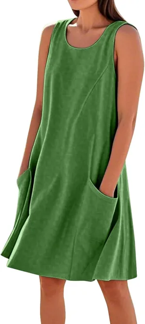Summer Tank Dresses for Women 2025 Loose Beach Vacation Clothes Casual Sleeveless Linen Sundresses with Pockets