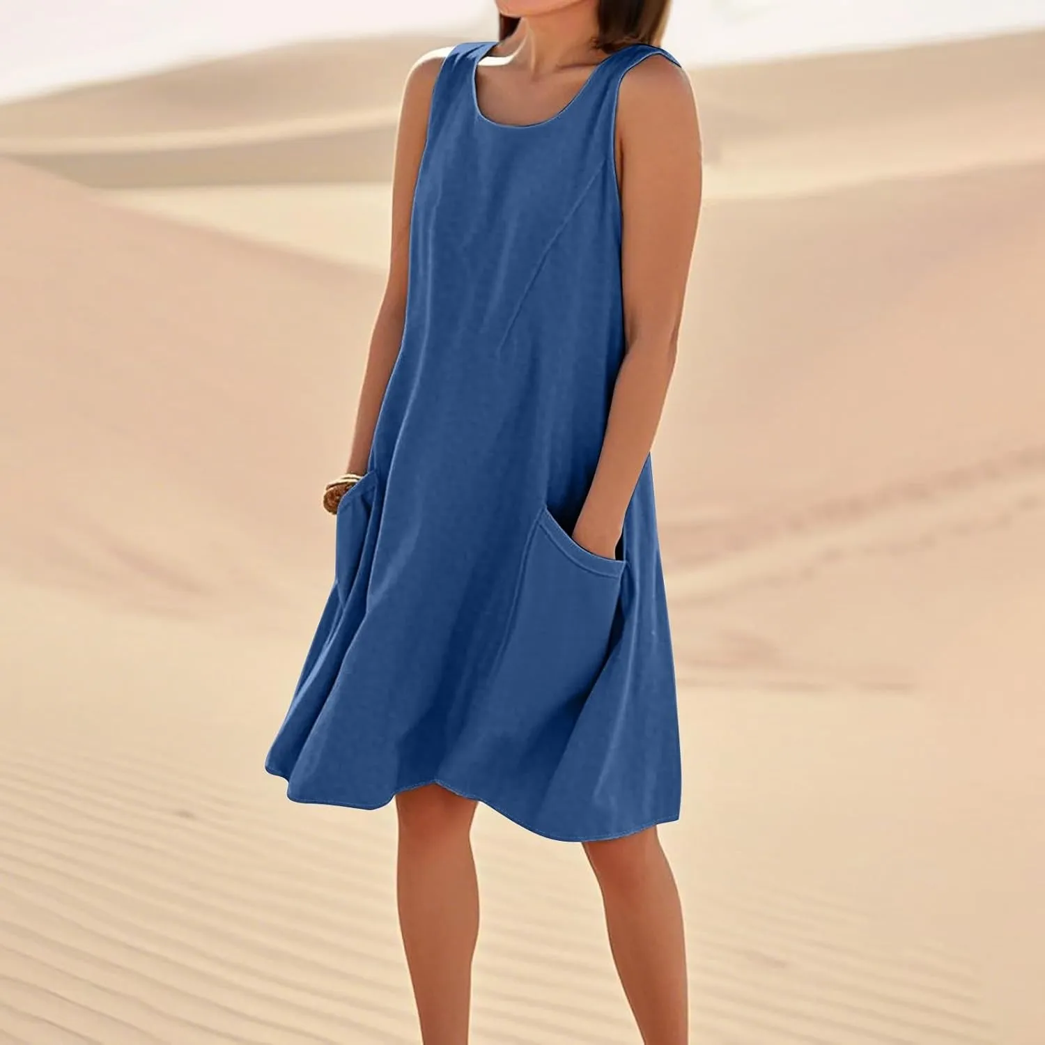 Summer Tank Dresses for Women 2025 Loose Beach Vacation Clothes Casual Sleeveless Linen Sundresses with Pockets