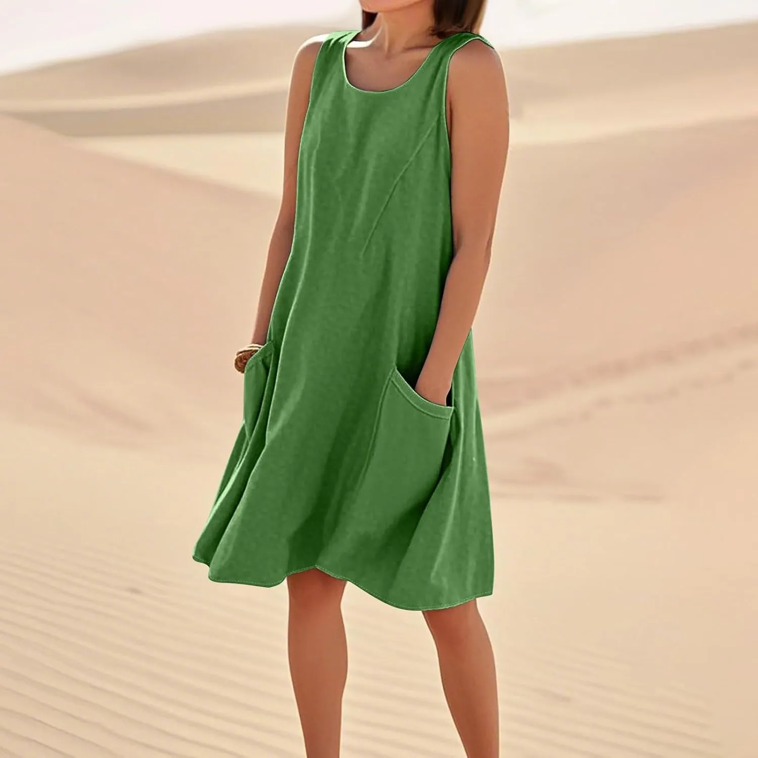 Summer Tank Dresses for Women 2025 Loose Beach Vacation Clothes Casual Sleeveless Linen Sundresses with Pockets