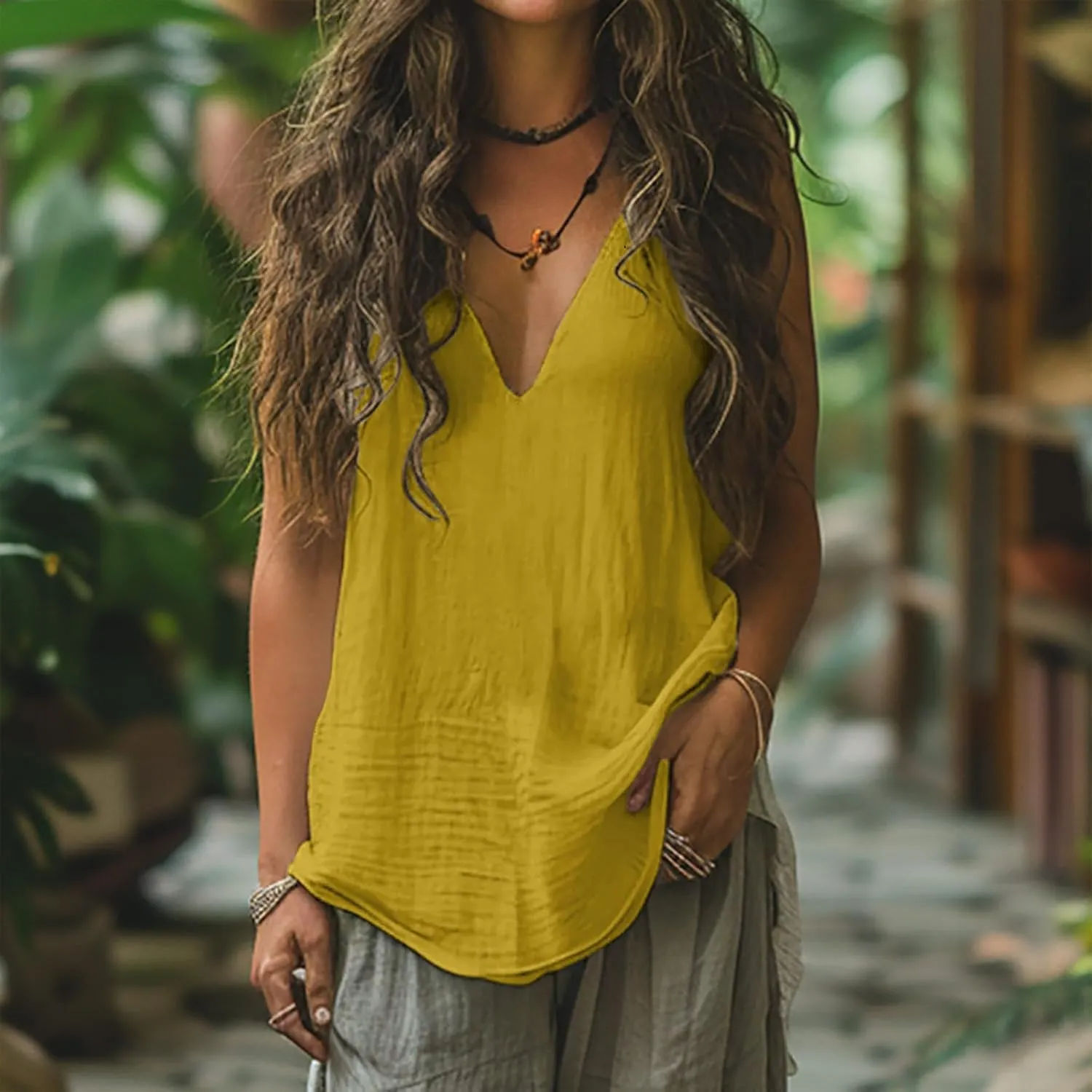 Summer Tank Tops for Women Casual Deep V Neck Blouse Loose Flowy Sleeveless Linen Shirt for Streetwear Y2k