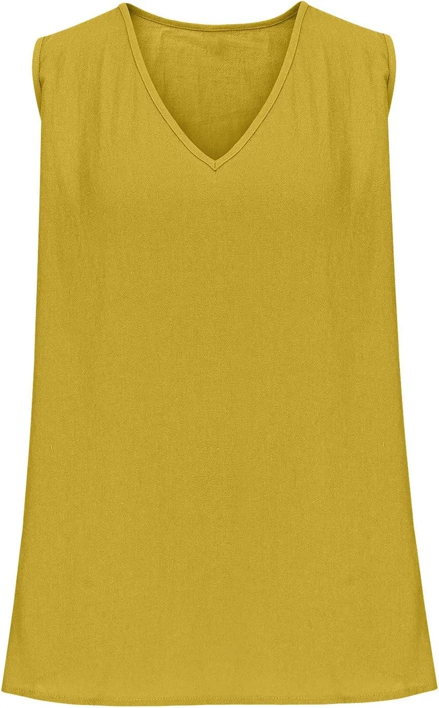 Summer Tank Tops for Women Casual Deep V Neck Blouse Loose Flowy Sleeveless Linen Shirt for Streetwear Y2k
