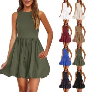 Sundresses for Women 2025 Casual Summer Boho Sleeveless Pleated Bubble Crewneck Short Tshirt Dress with Pockets
