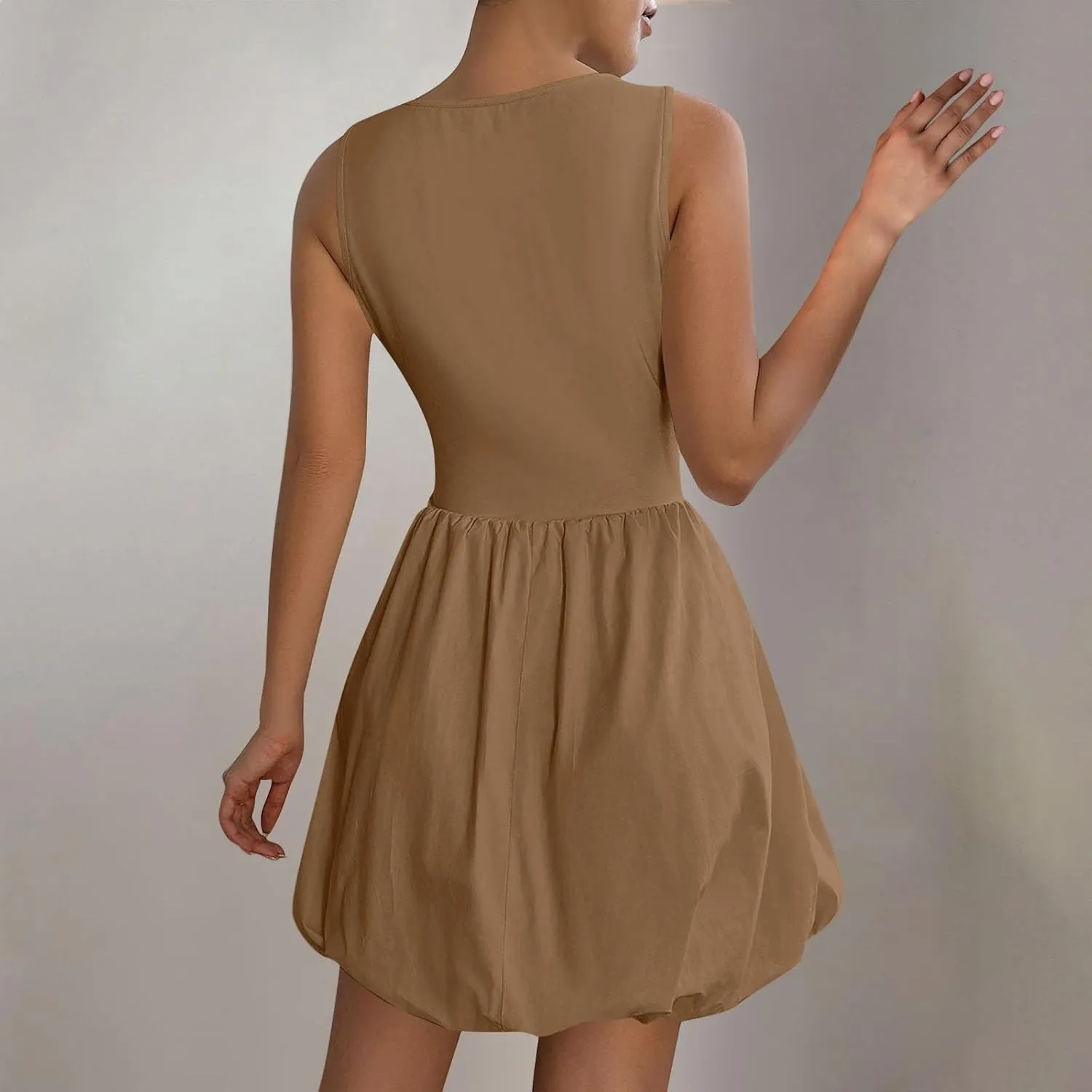 Sundresses for Women 2025 Casual Summer Boho Sleeveless Pleated Bubble Crewneck Short Tshirt Dress with Pockets