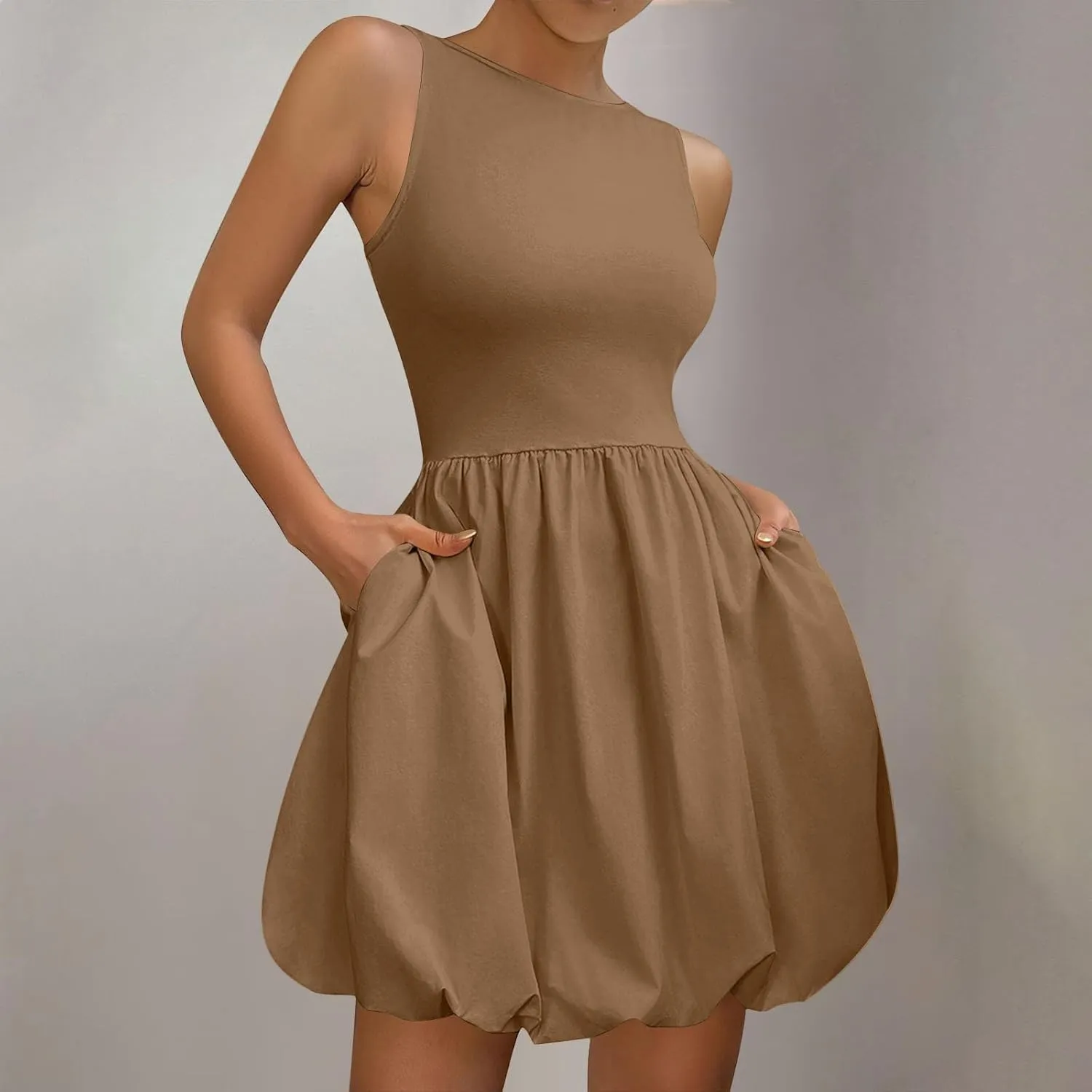Sundresses for Women 2025 Casual Summer Boho Sleeveless Pleated Bubble Crewneck Short Tshirt Dress with Pockets