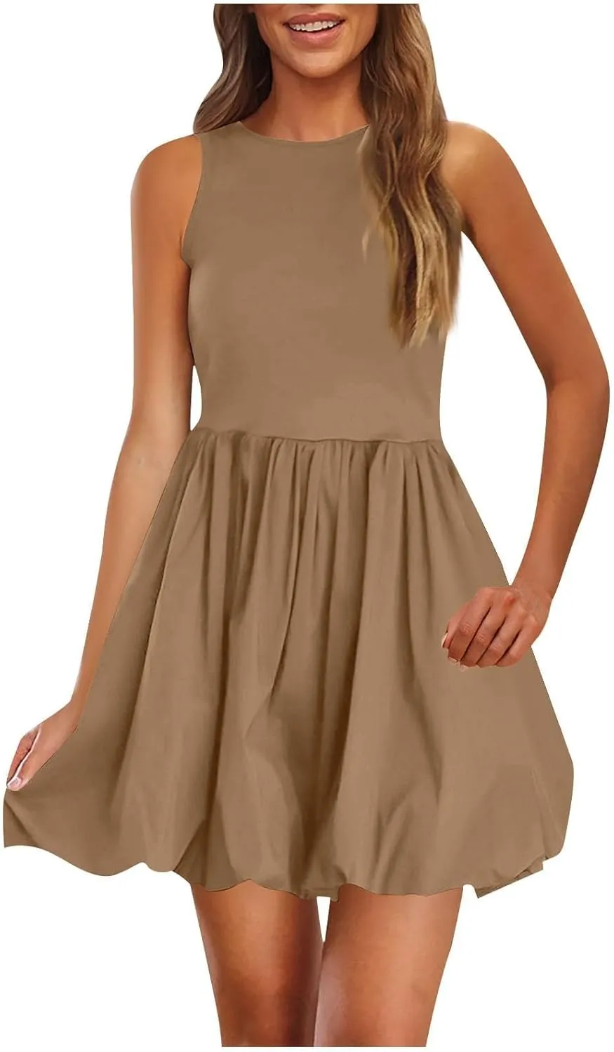 Sundresses for Women 2025 Casual Summer Boho Sleeveless Pleated Bubble Crewneck Short Tshirt Dress with Pockets