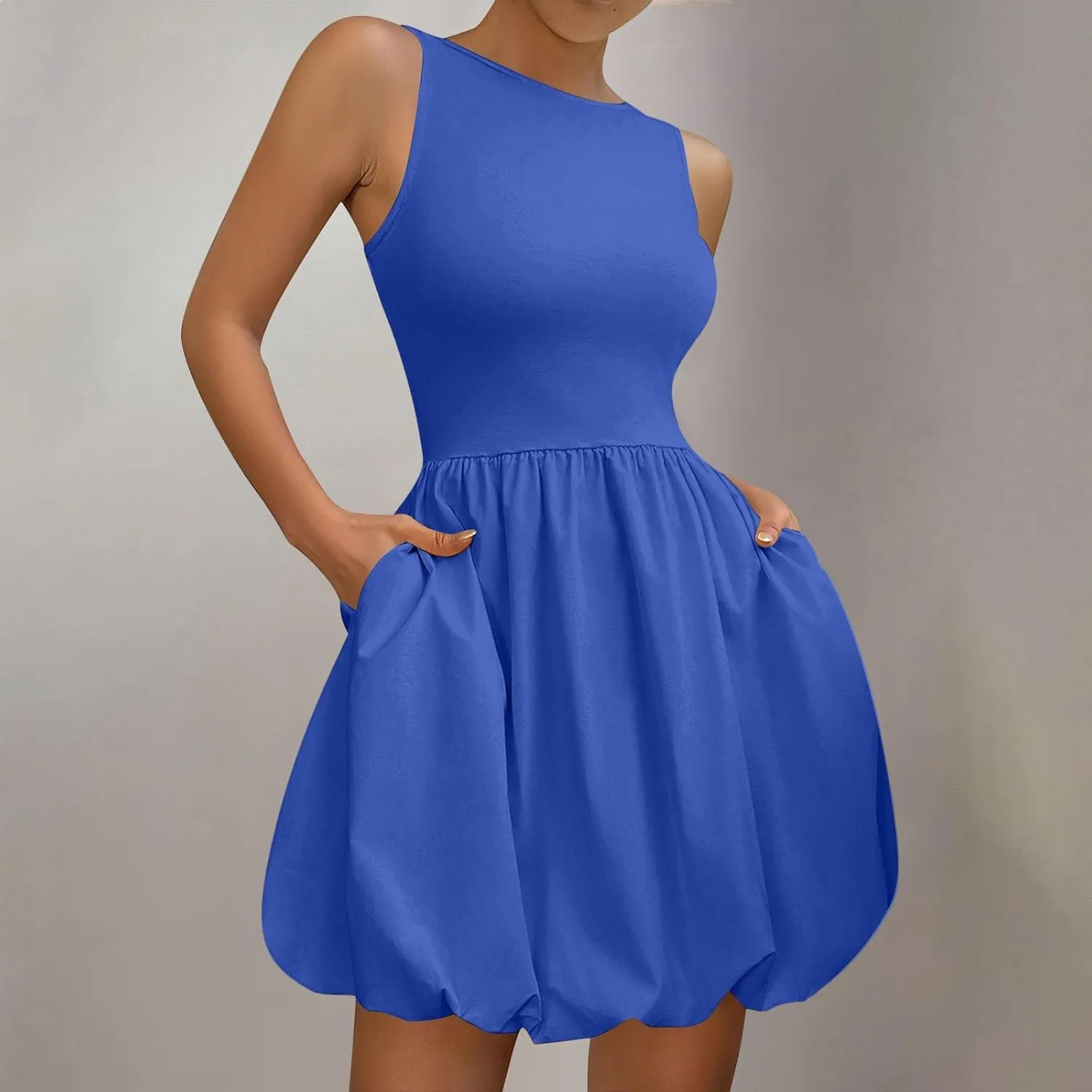 Sundresses for Women 2025 Casual Summer Boho Sleeveless Pleated Bubble Crewneck Short Tshirt Dress with Pockets